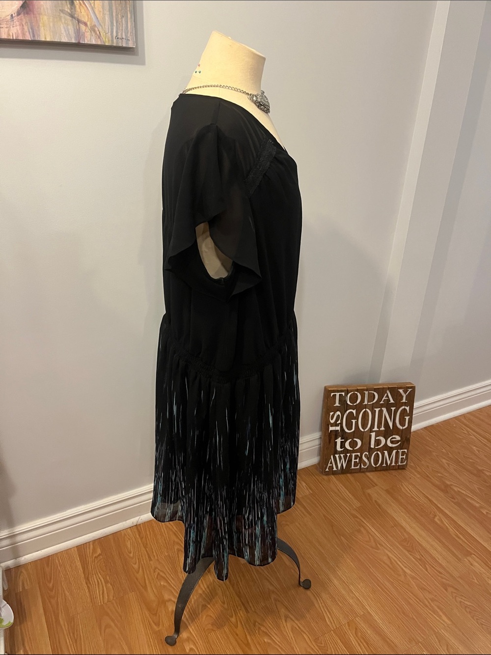 MICHEL STUDIO Black Chiffon Dress with Green Vertical Lines Skirt Size 24 - Picture 4 of 11